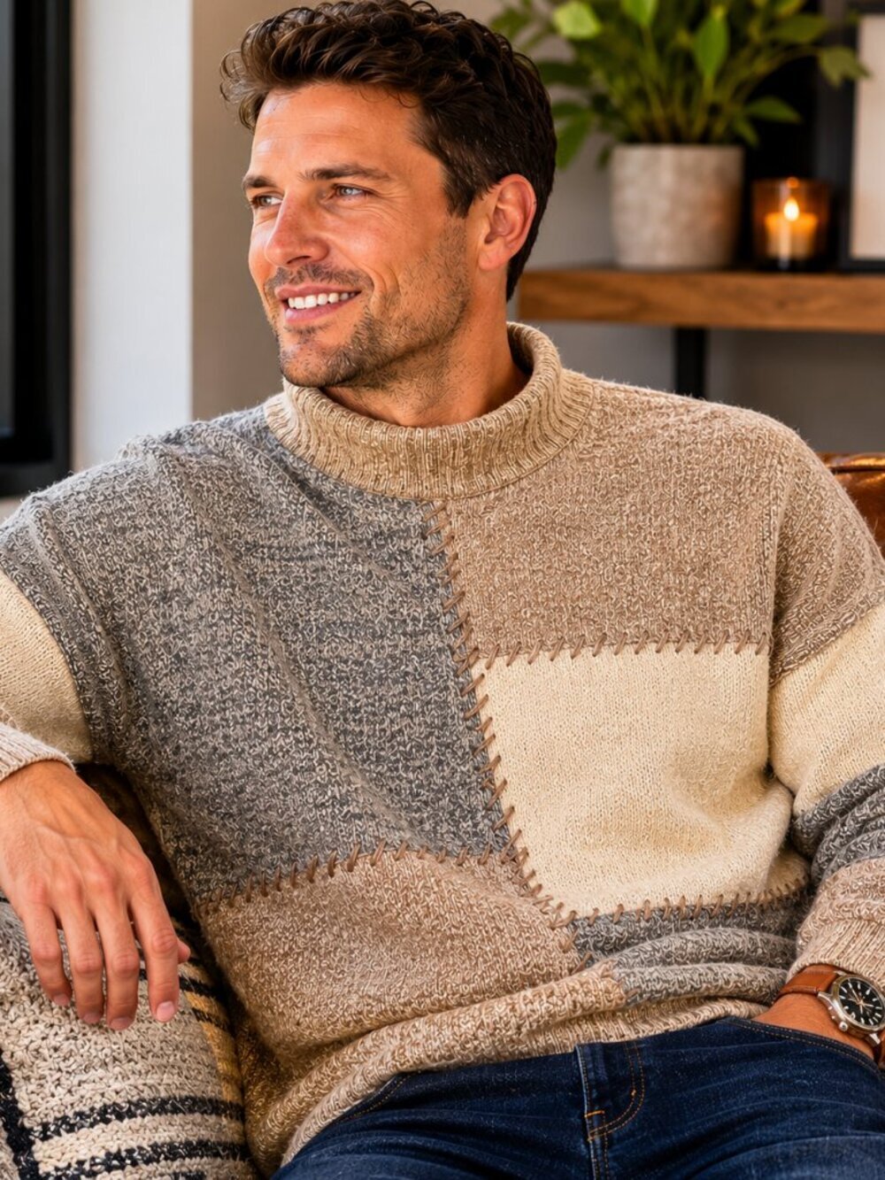 Wallace Country New Zealand Wool Angora Patchwork Sweater Large Beige Gray - Picture 2 of 7